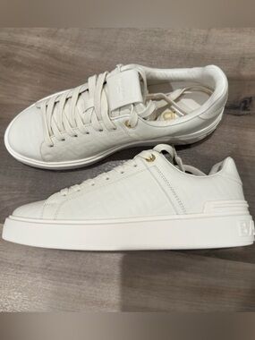 Balmain B Court White Embossed Leather Low-Top Sneakers